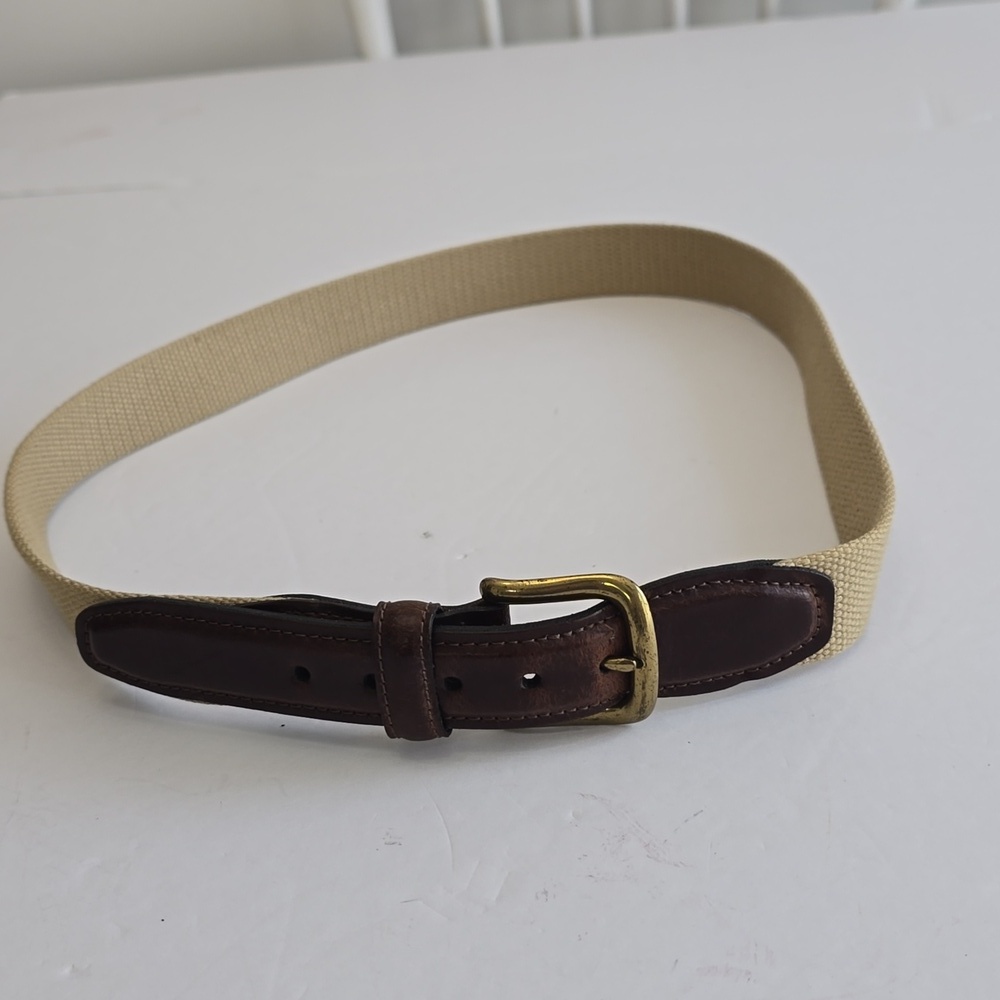 Docker's Woven Canvas Leather Tab Belt   Brown Khaki Size 34